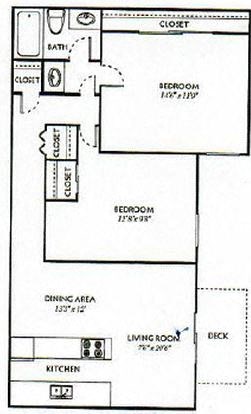 Floor plan for 2 beds, 1 bath, 830 sqft